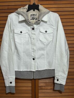 Peace Love World White Jacket with Gray Hood & Hem